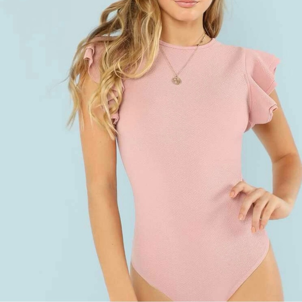 Shein Privé Layered Ruffle Detail Textured Pink Bodysuit